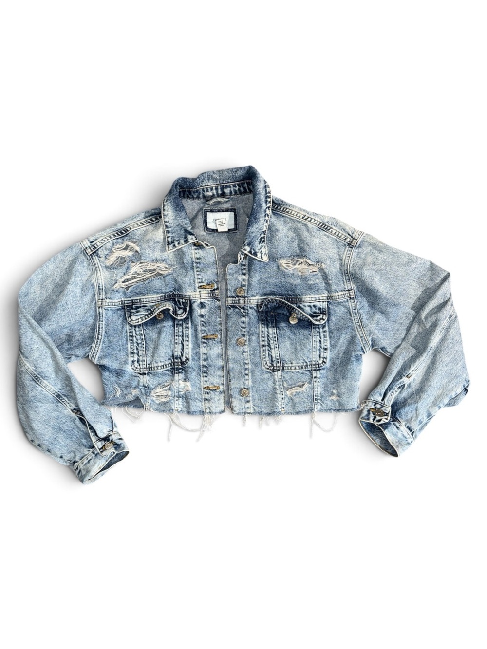 Distressed Cropped Medium Light Blue Denim Jacket